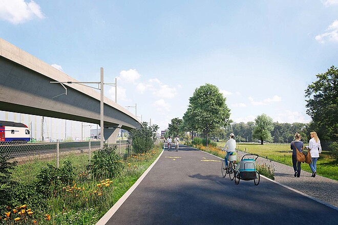 Verdrängen E-Bikes die normalen Fahrräder? Visualisierung einer geplanten Velobahn in Wallisellen bei Zürich.