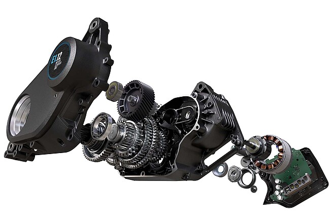 Pinion MGU Auto Shift Smart Shift Update. Explosionszeichnung eines E-Bike-Antriebs.