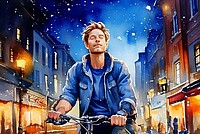 Mann fährt bei Nacht mit geschlossenen Augen auf dem velo duch eine Gasse