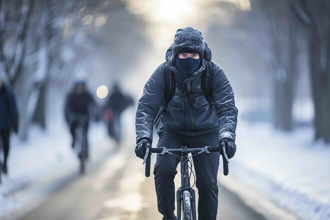 Mensch in Winterkleidung fährt auf dem Velo eine verschneite Strasse entlang.