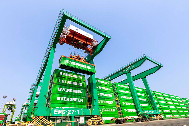 Grüne Container mit Hafenkränen.