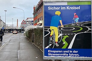 Plakat über das korrekte einfädeln in den Kreisverkehr der Stadt Zürich
