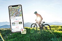 Ein Mountainbiker fährt über ein Feld.