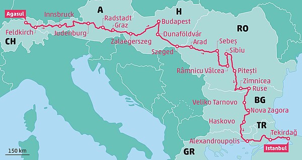 Karte mit Route einer Reise