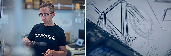 Canyon Innovation Lab. Ein Man mit schwarzem T-Shirt mit der Aufschrift Canyon.