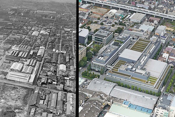 Luftaufhahmen des Shimano-Hauptsitzes in Japan im Jahr 1961 und 2020.