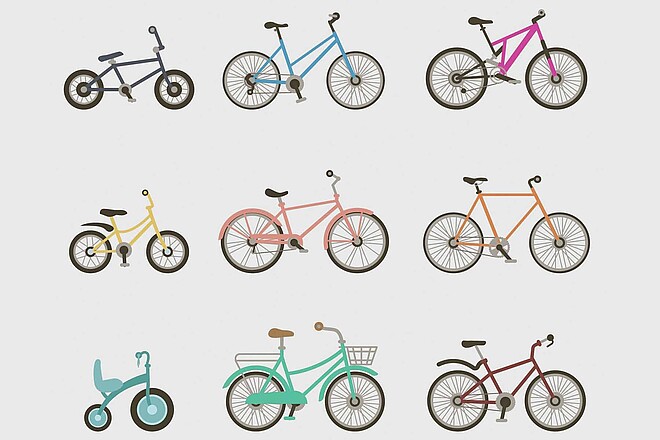 Viele kleine bunte Velos illustrieren das zehn kleine Velofahrer-Lied