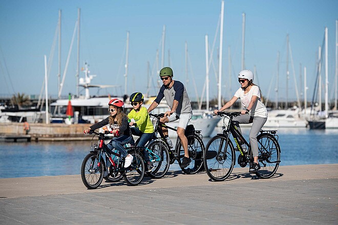 Accell Group wird herabgestuft. Eine Familie fährt auf Velos ein Hafenbecken entlang. 
