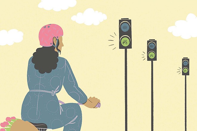 Gezeichnets Bild einer Frau auf dem Fahrrad.