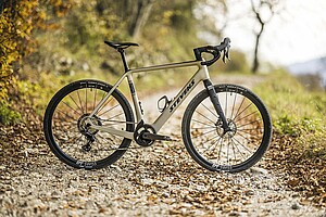 E-Bike Trends 2024. Gravelbike von Stevens steht auf einem Waldweg.