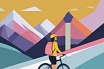 Leserumfrage. Abstraktes Bild einer Velofahrerin in den Bergen.