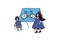 Zwei gezeichnete Figuren stehen vor einem Fahrrad