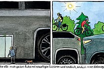 Comicstrip von Schlorian mit Autos und Fahrrädern.