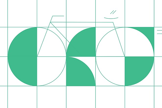 Velodemo 2023. Grafik mit grünen Flächen und Linien, die ein Fahrrad darstellen.