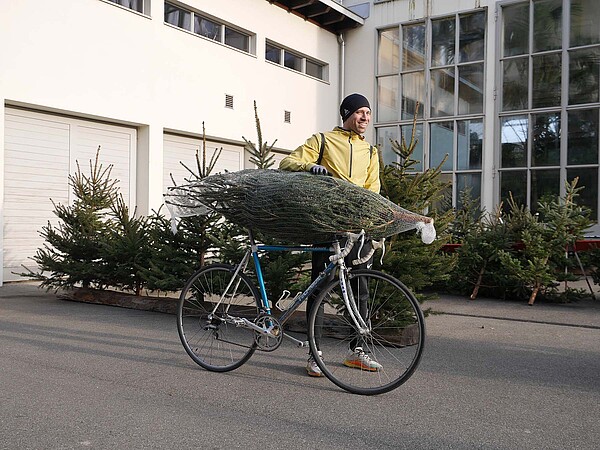 Olivier spaziert mit Velo und Baum nach Hause.